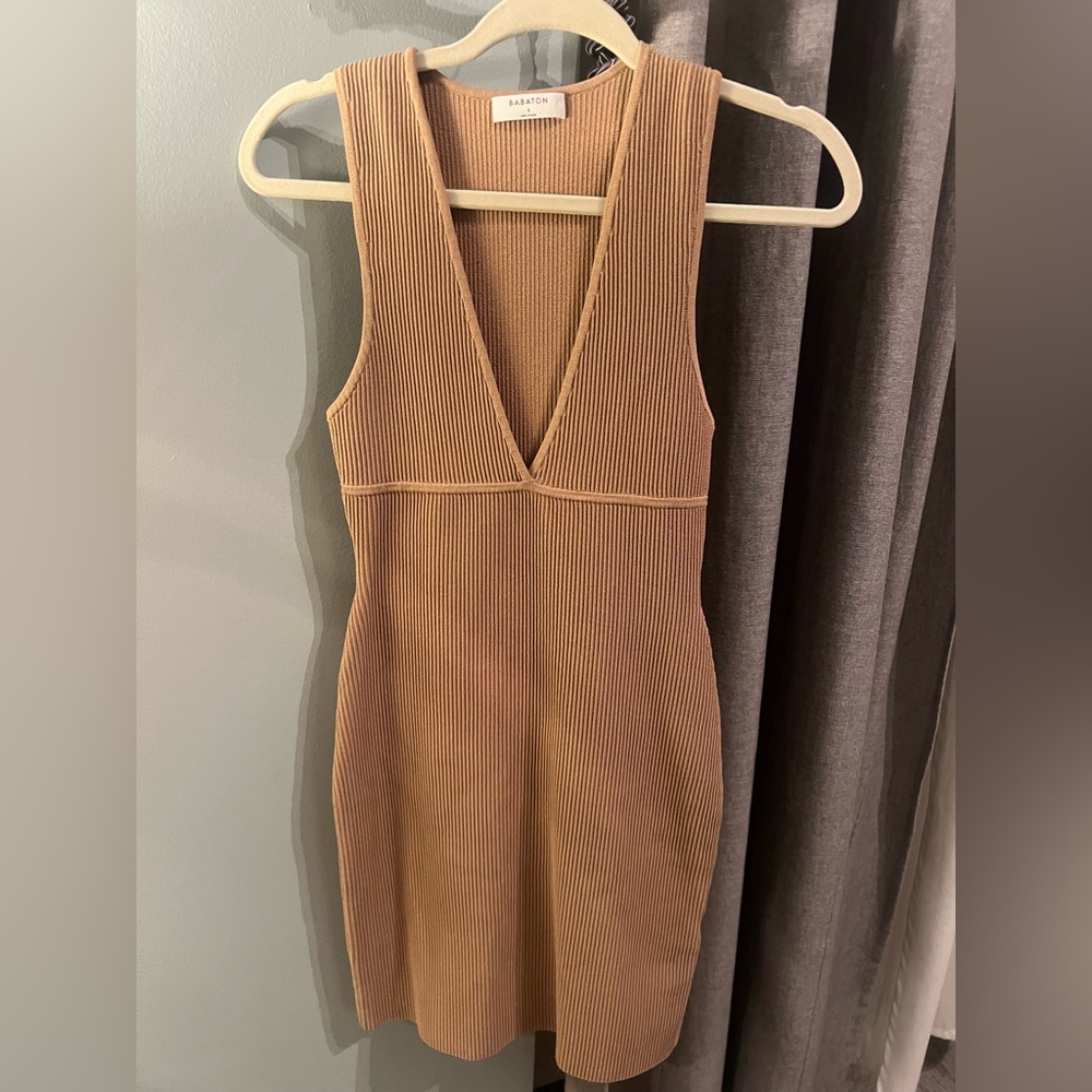 Babaton Tan Deep V Dress